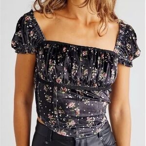 NWT Free People Velvet Ruched Bust Shirred Back Corset Front top - Black - XL